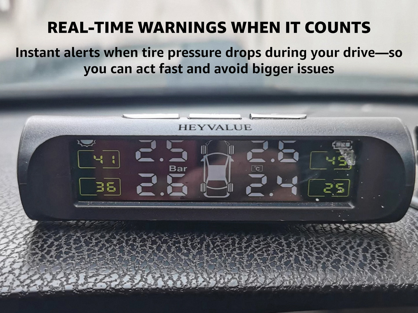 HEYVALUE Automatic Tire Pressure Warning System, Low Pressure Indicator for Vehicle Safety