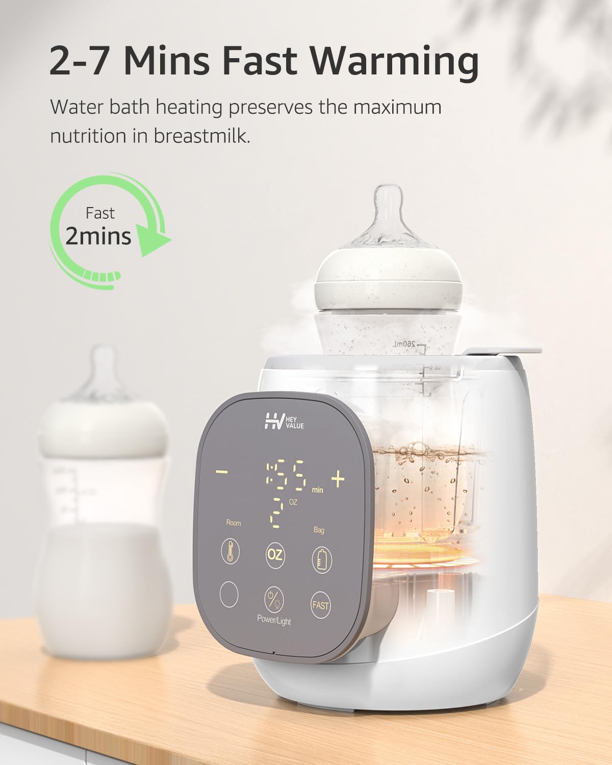 Fast Bottle Warmer, HEYVALUE 12-in-1 Water Bath Baby Bottle Warmer for Breastmilk and Formula with 24H Keep, Auto Shut-Off, Memory, Sterilize, Accurate Temp Control Baby Milk Warmers for All Bottles