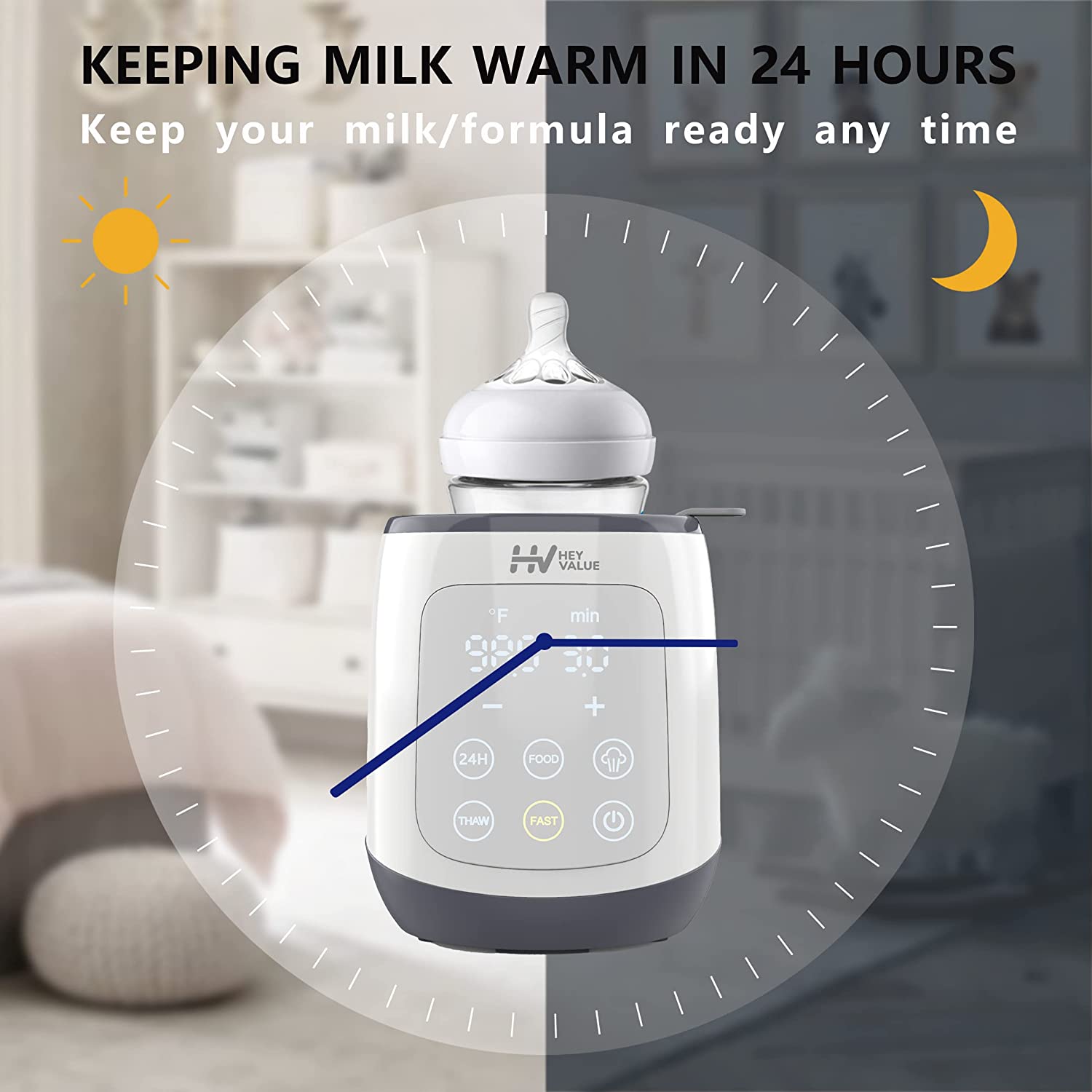 Water Warmer, HEYVALUE Baby Bottle Warmer, Formula Maker with Night Light,  4 Temperature Control & 72H Keep Warm, Detachable Tank, Instantly Dispenses